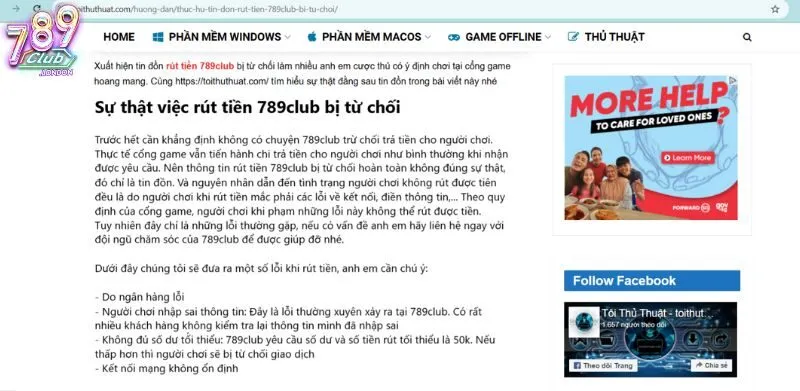 Khẳng định của trang toithuthuat.com về thông tin 789club không trả tiền người chơi